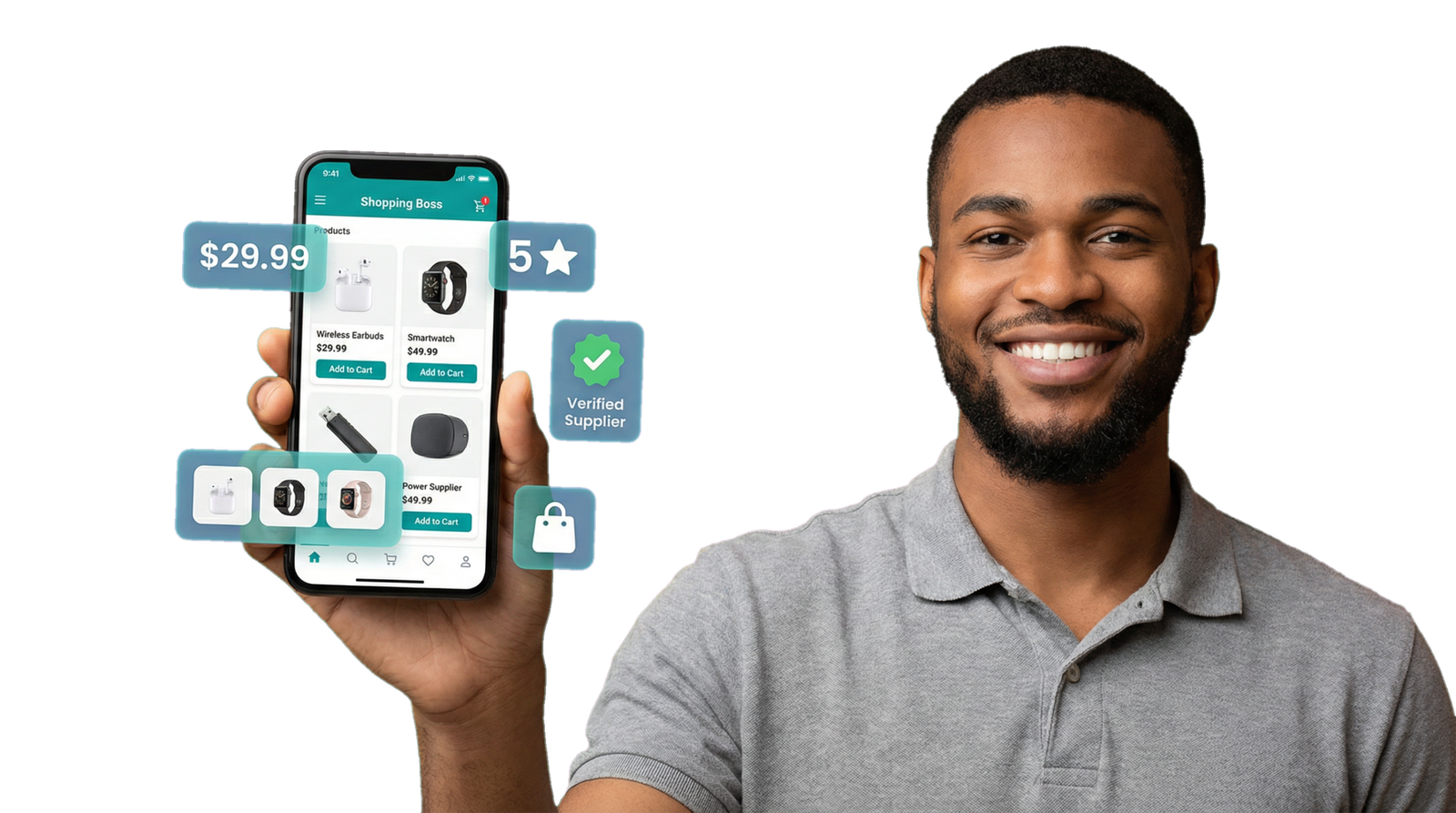 Man using phone with storefront