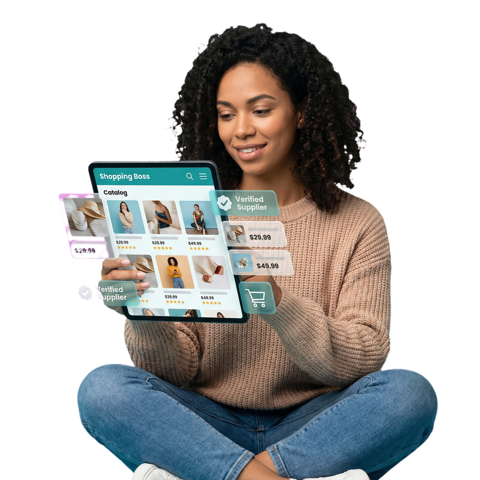 Woman reviewing products on tablet