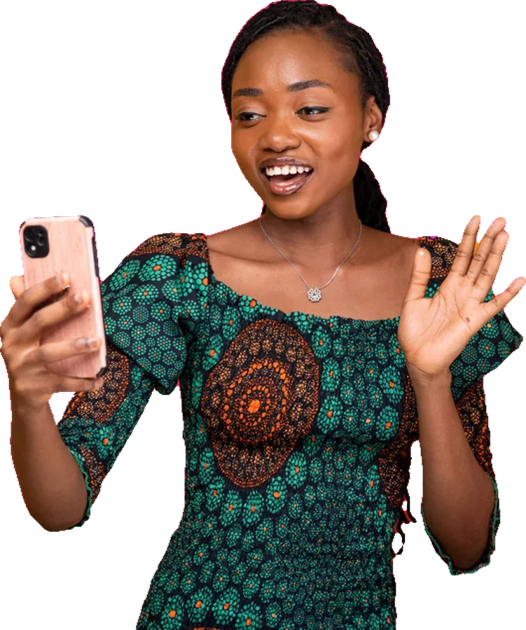Nigerian seller smiling with her phone, selling online with Shopinbos